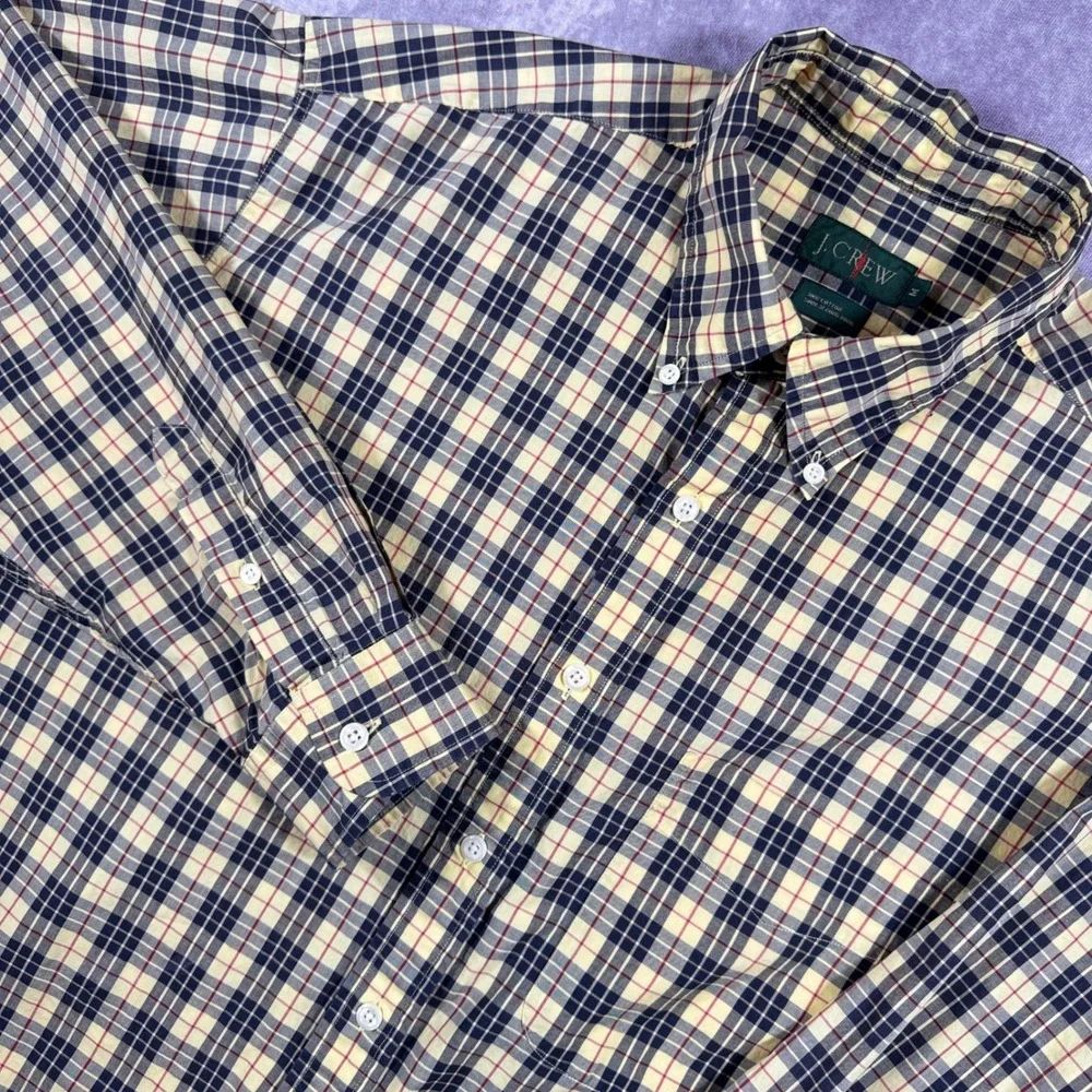 J. Crew Mens Plaid Button Down Shirt Medium Yellow Navy Blue Cotton Long Sleeve